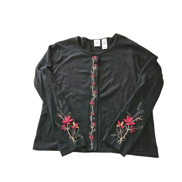 Floral Embroidery Black Snap Front Cardigan Womens Size Large - Picture 2 of 6